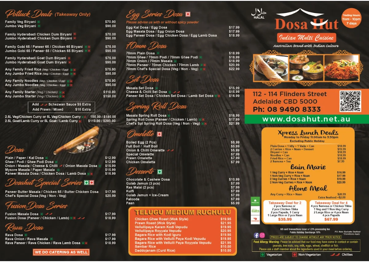 Menu, Dosa Hut Indian Restaurant Adelaide CBD
