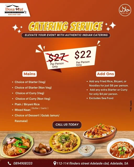 Menu, Dosa Hut Indian Restaurant Adelaide CBD