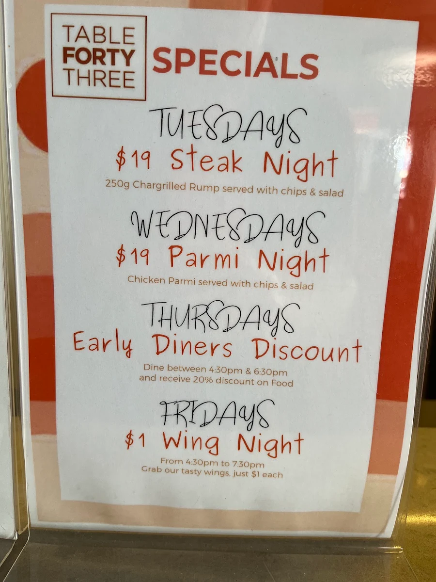 Menu, Table Forty Three