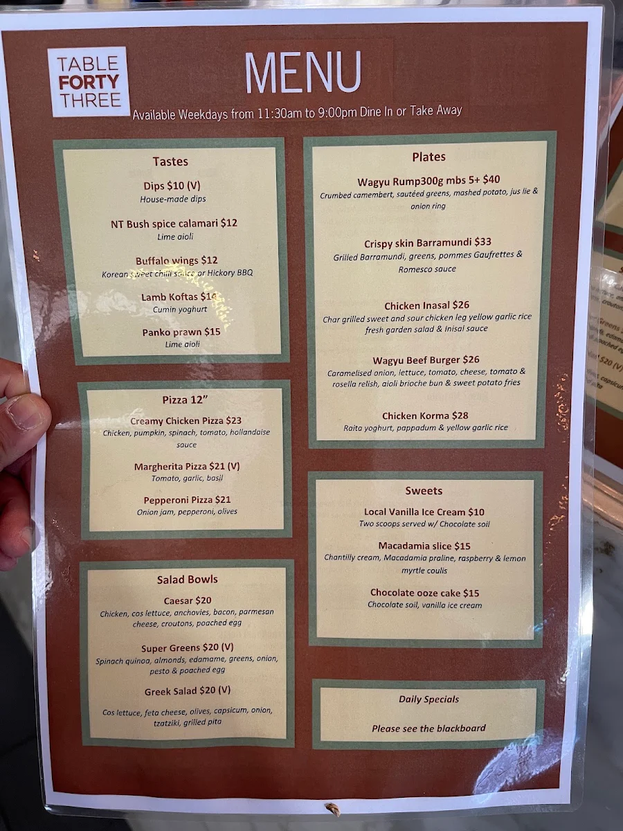 Menu, Table Forty Three