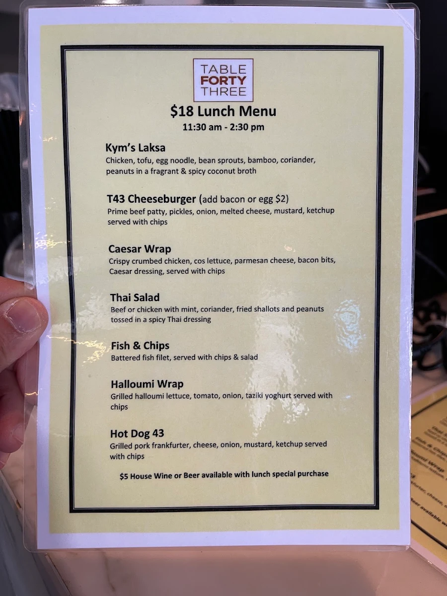 Menu, Table Forty Three
