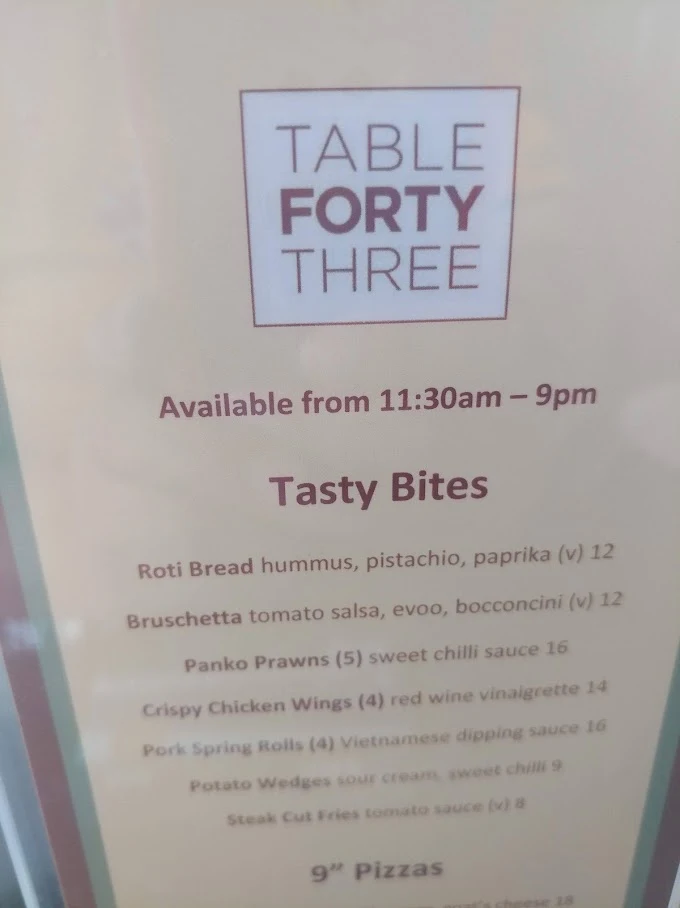 Menu, Table Forty Three