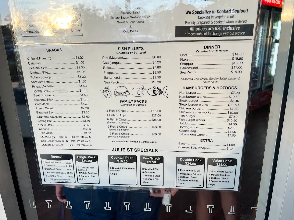 Menu, Julie Street Seafood Takeaway & Cafe