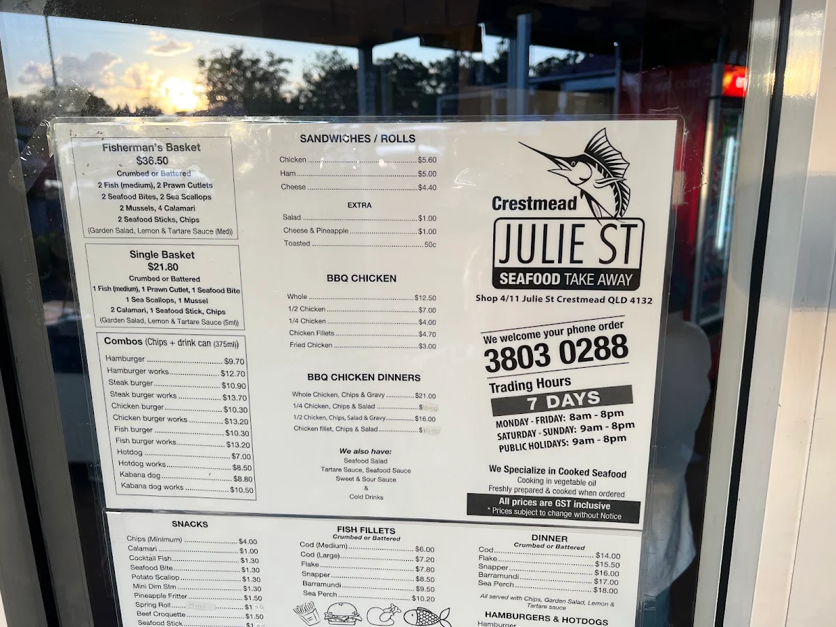 Menu, Julie Street Seafood Takeaway & Cafe