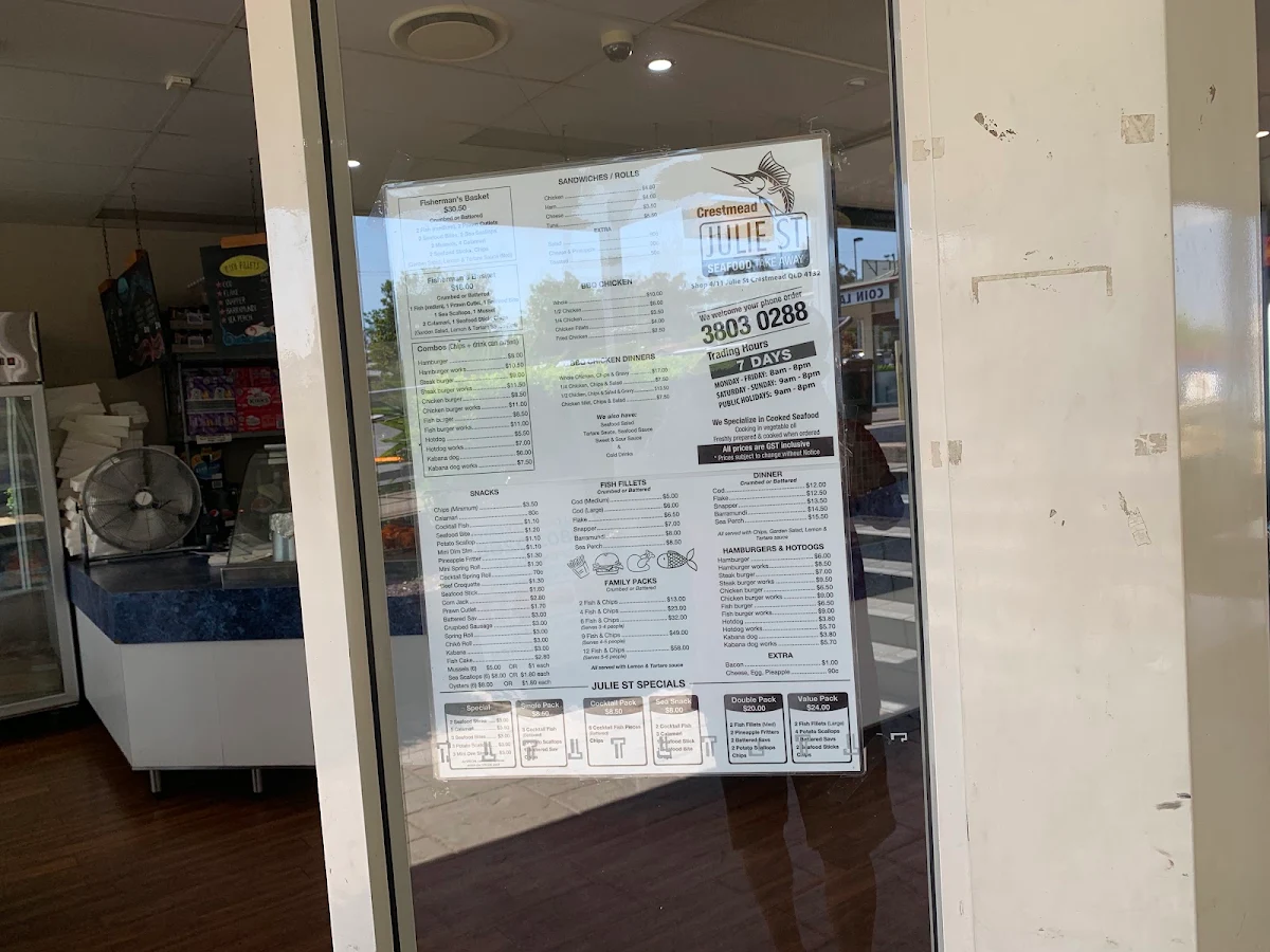 Menu, Julie Street Seafood Takeaway & Cafe