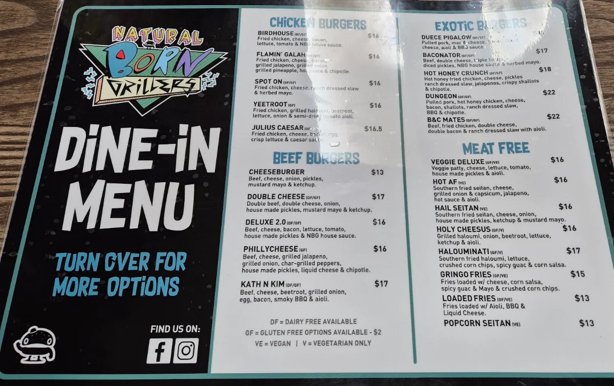 Menu, Natural Born Grillers