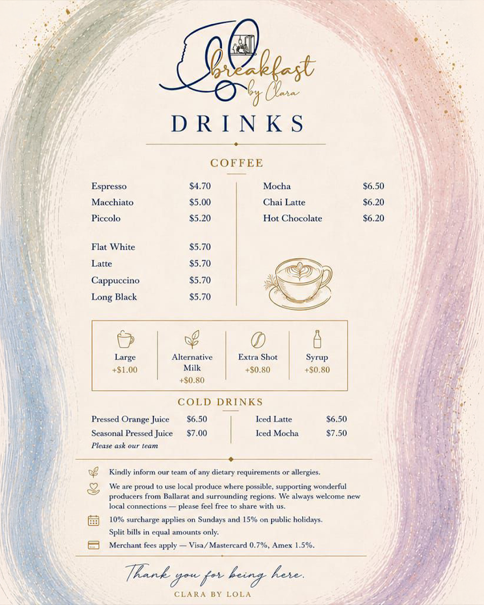 Menu, Breakfast by Clara at Lola Ballarat