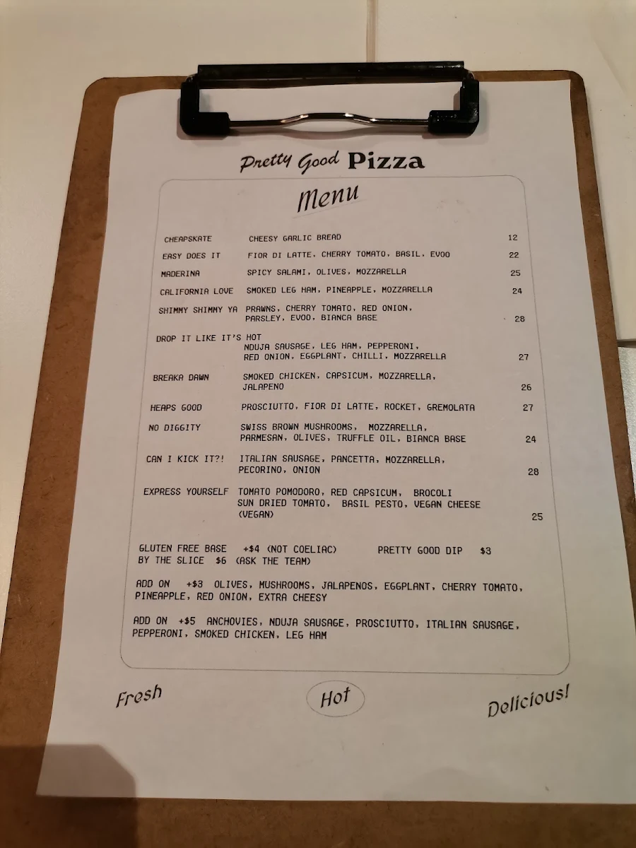 Menu, Pretty Good Pizza