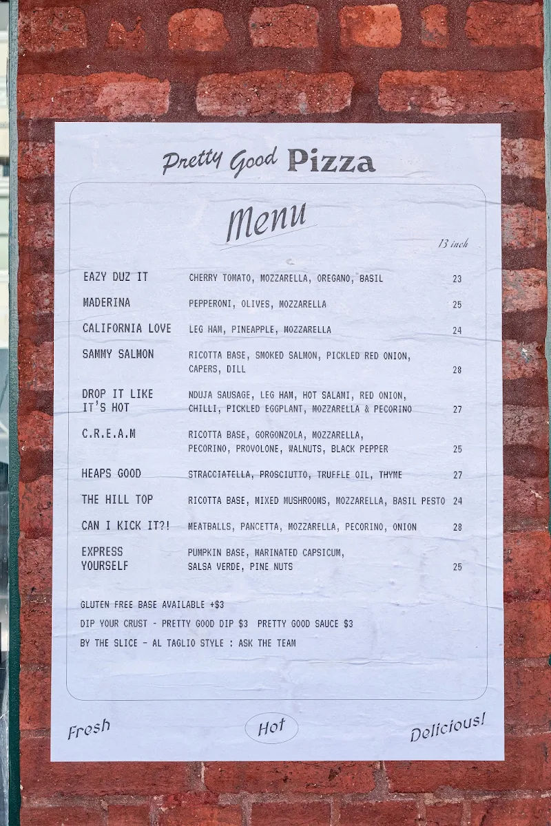 Menu, Pretty Good Pizza