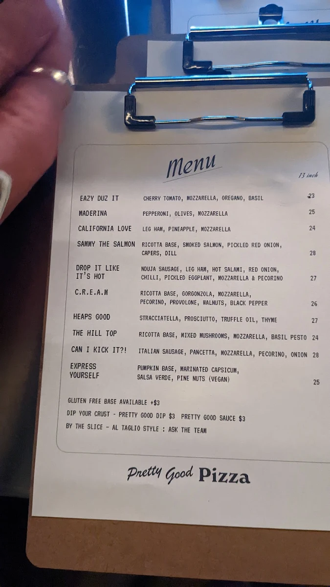 Menu, Pretty Good Pizza