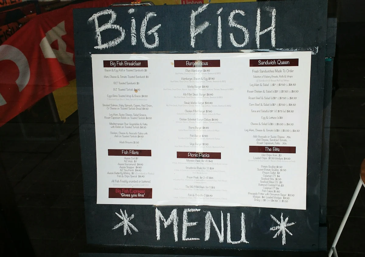 Menu, Corrie St Big Fish Cafe