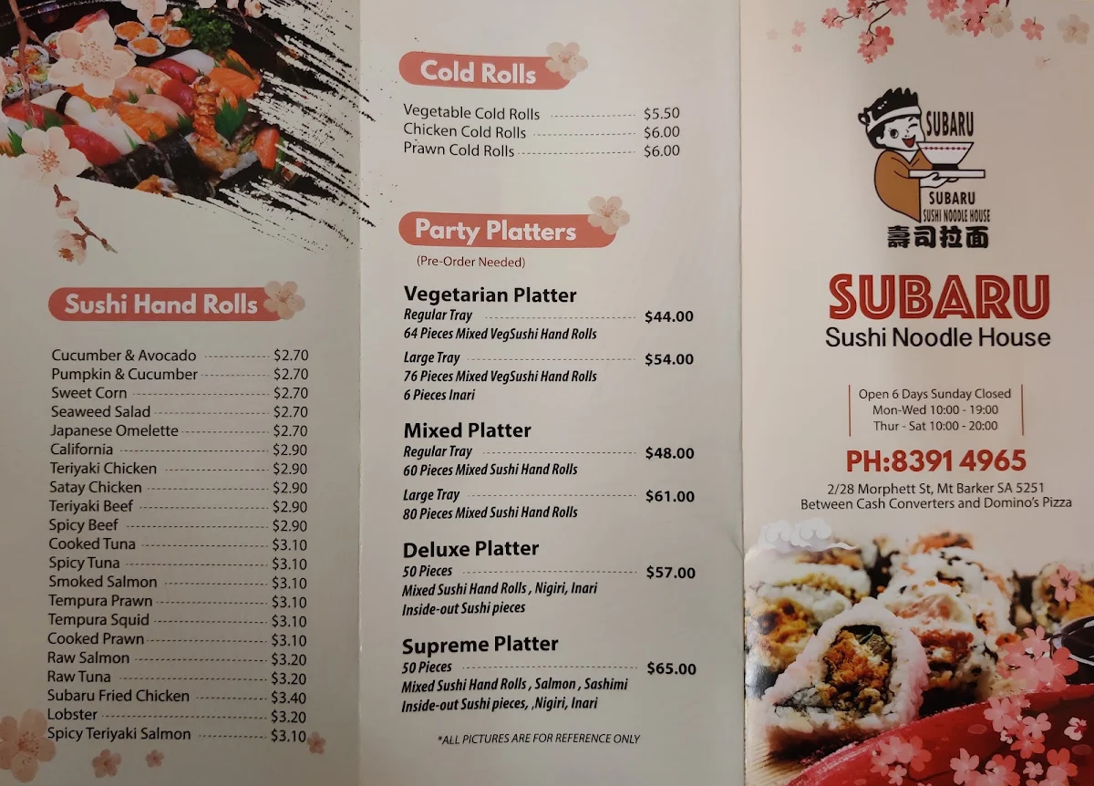 Menu, Subaru Sushi and Noodle Bar