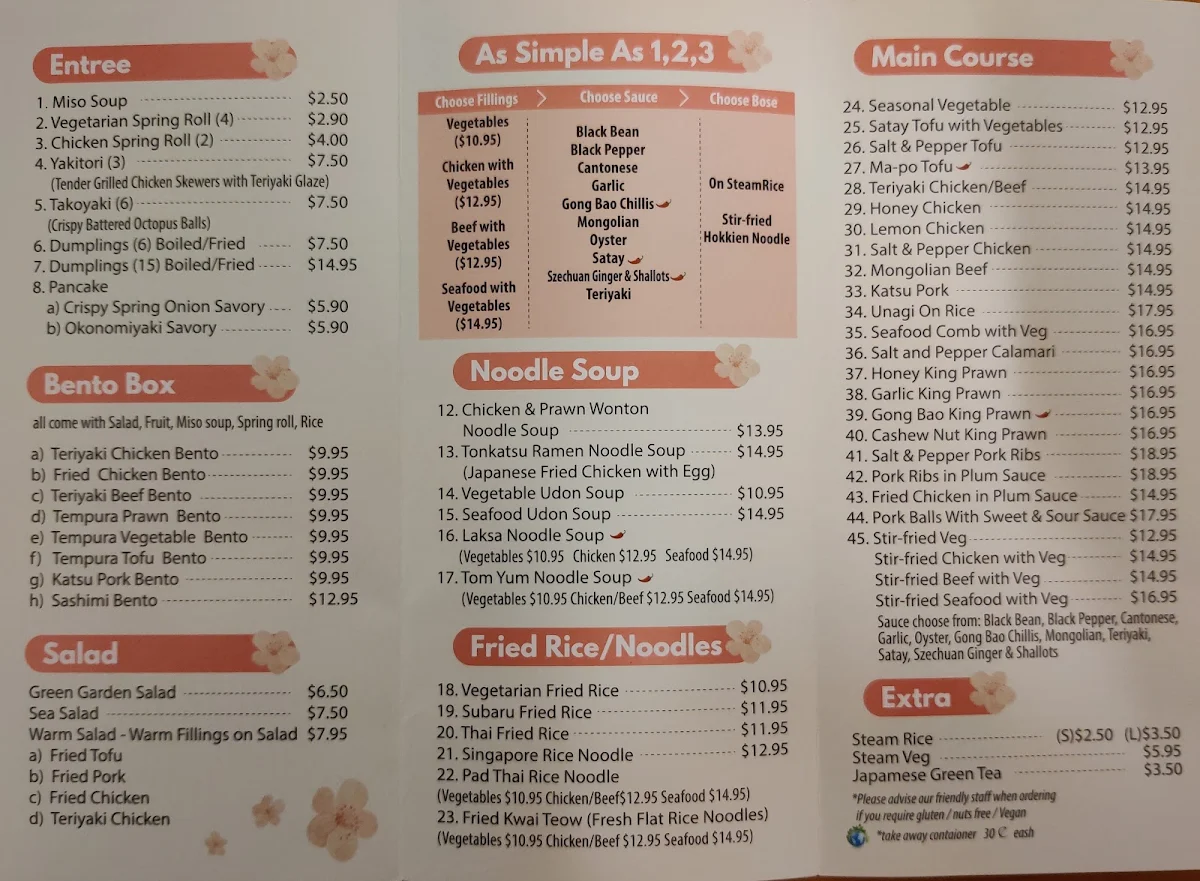 Menu, Subaru Sushi and Noodle Bar