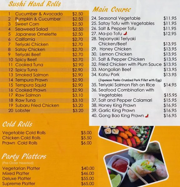 Menu, Subaru Sushi and Noodle Bar