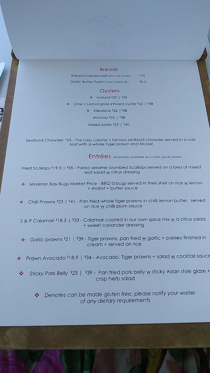Menu, The Lazy Lobster