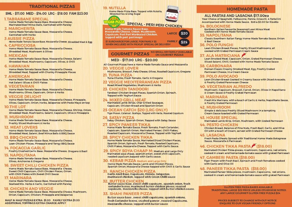 Menu, Pizza Tabrabane - Melton South
