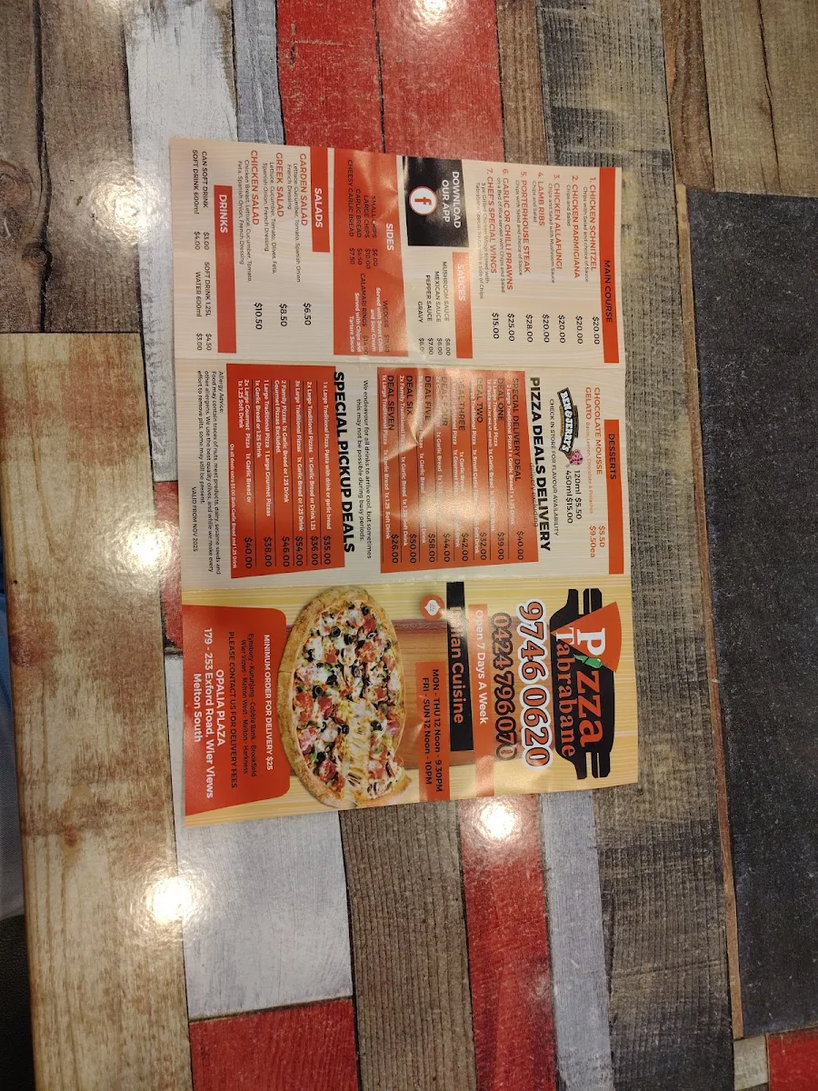 Menu, Pizza Tabrabane - Melton South
