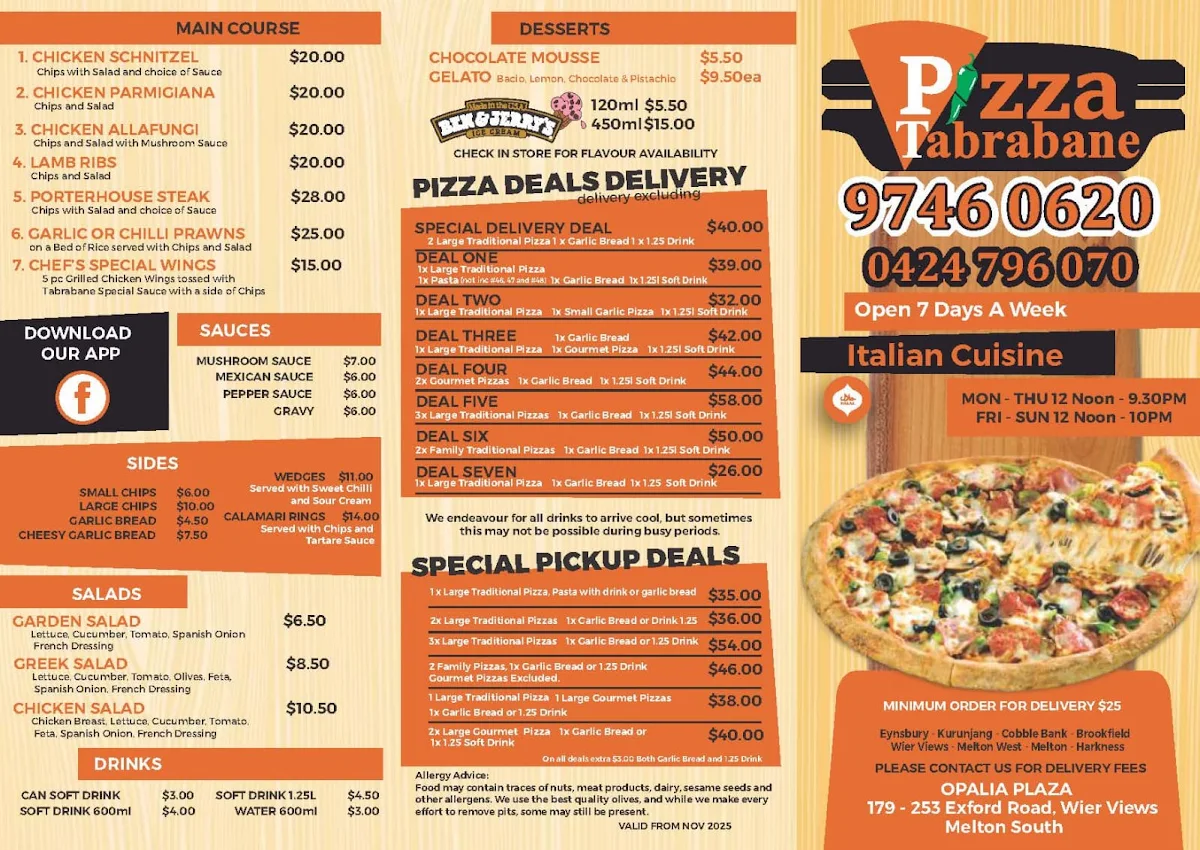 Menu, Pizza Tabrabane - Melton South