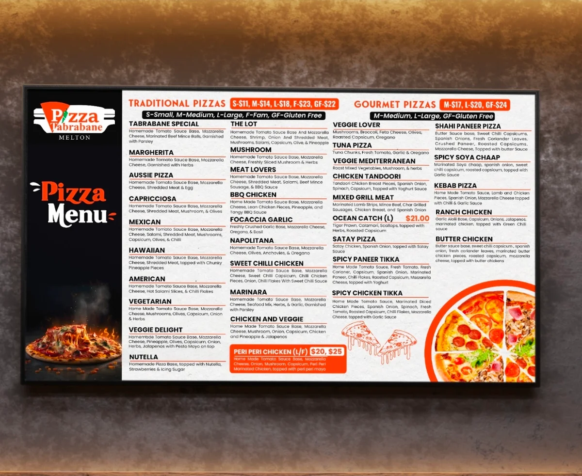 Menu, Pizza Tabrabane - Melton South