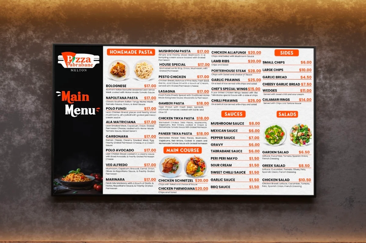 Menu, Pizza Tabrabane - Melton South