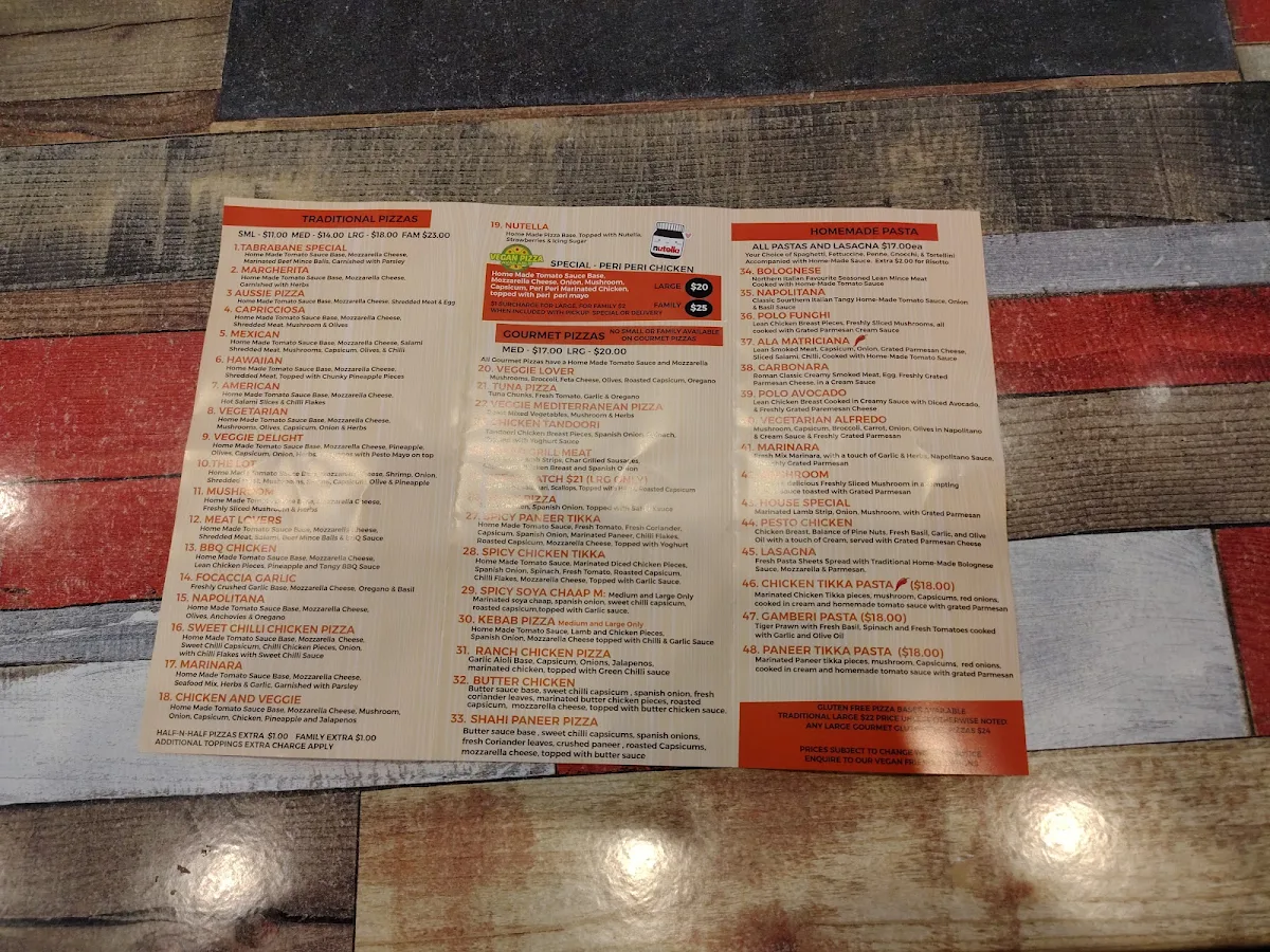 Menu, Pizza Tabrabane - Melton South