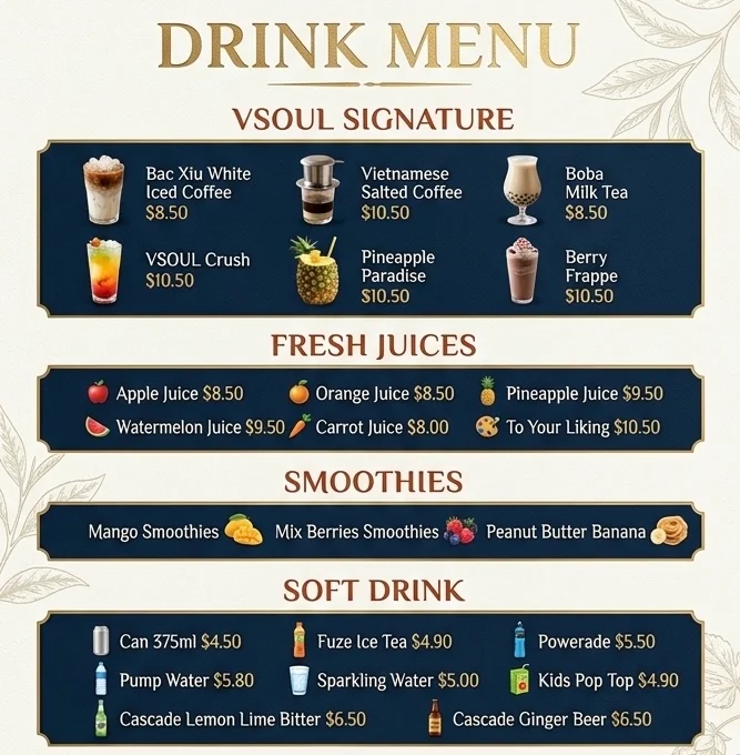 Menu, V'soul Viet Kitchen