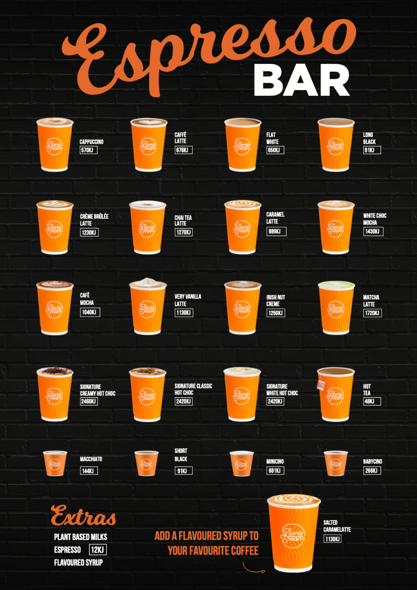 Menu, Gloria Jean's Glenelg