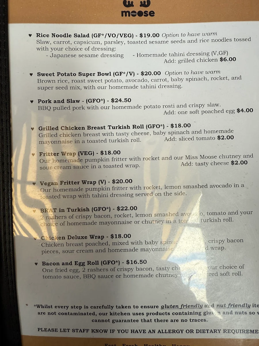 Menu, Miss Moose Cafe