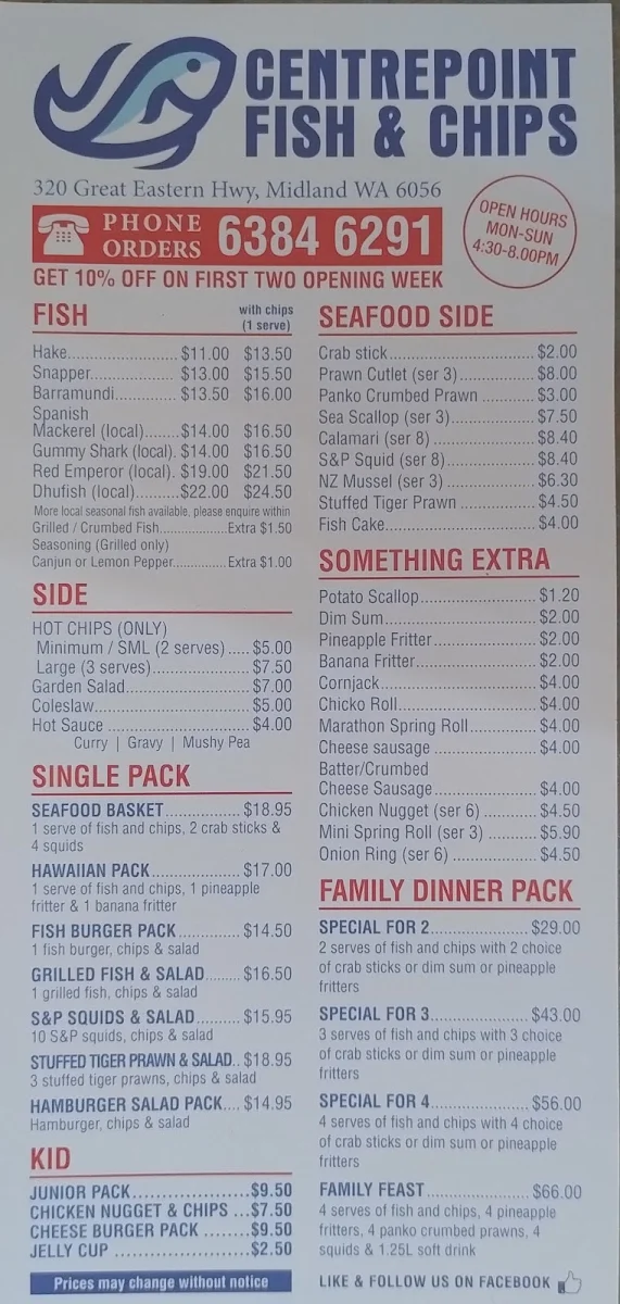 Menu, Centrepoint Fish and Chips