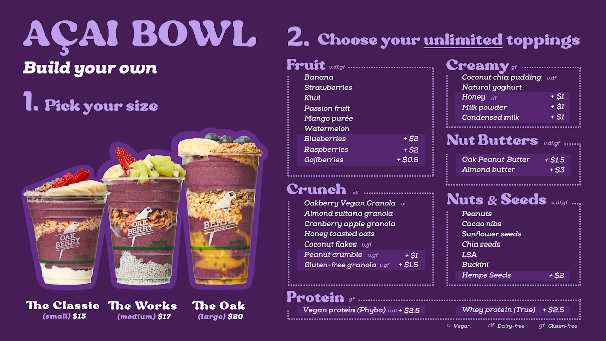 Menu, Oakberry Acai Southport