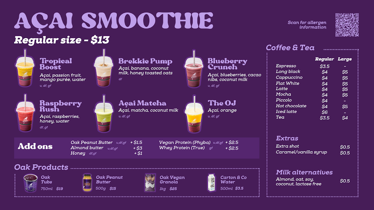 Menu, Oakberry Acai Southport