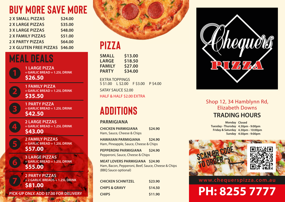 Menu, Chequers Pizza