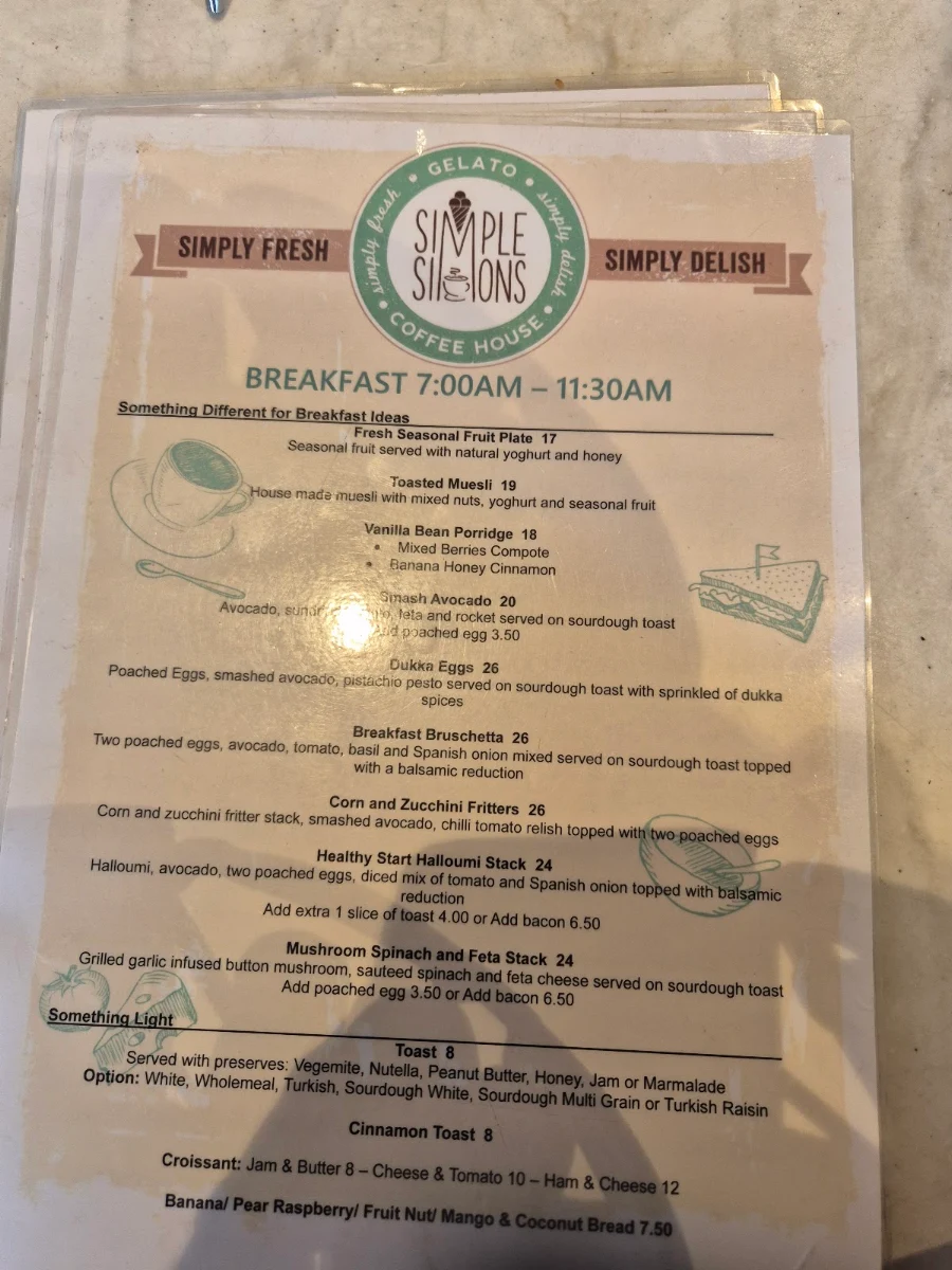 Menu, Simple Simons Gelato Coffee House Cafe