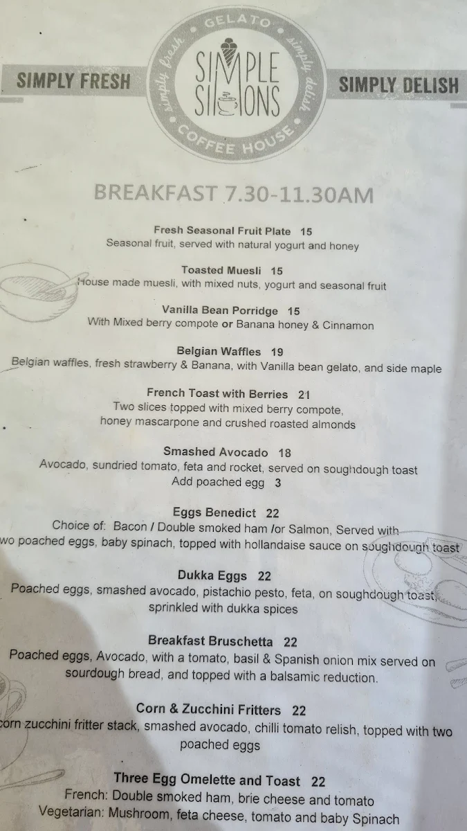 Menu, Simple Simons Gelato Coffee House Cafe