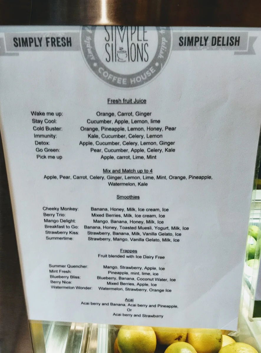 Menu, Simple Simons Gelato Coffee House Cafe