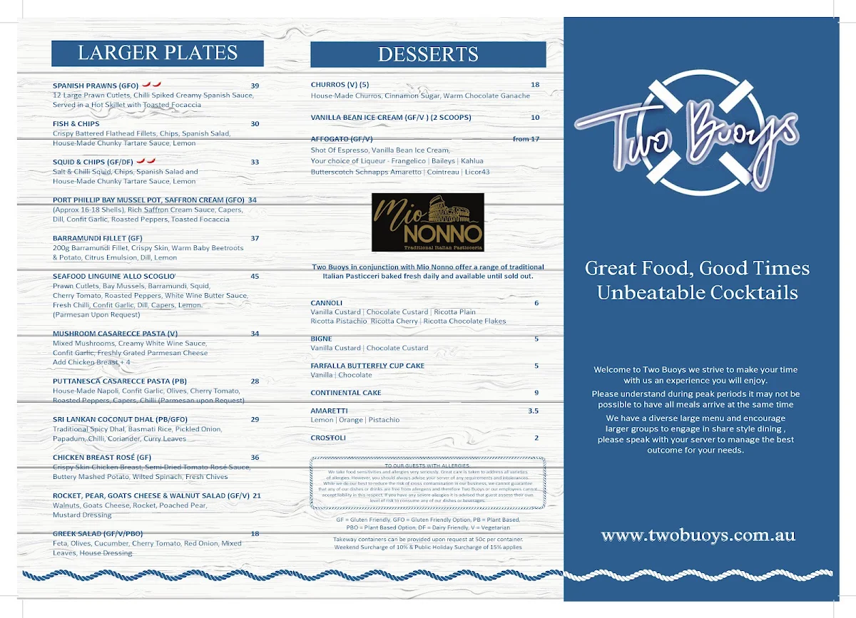Menu, Two Buoys