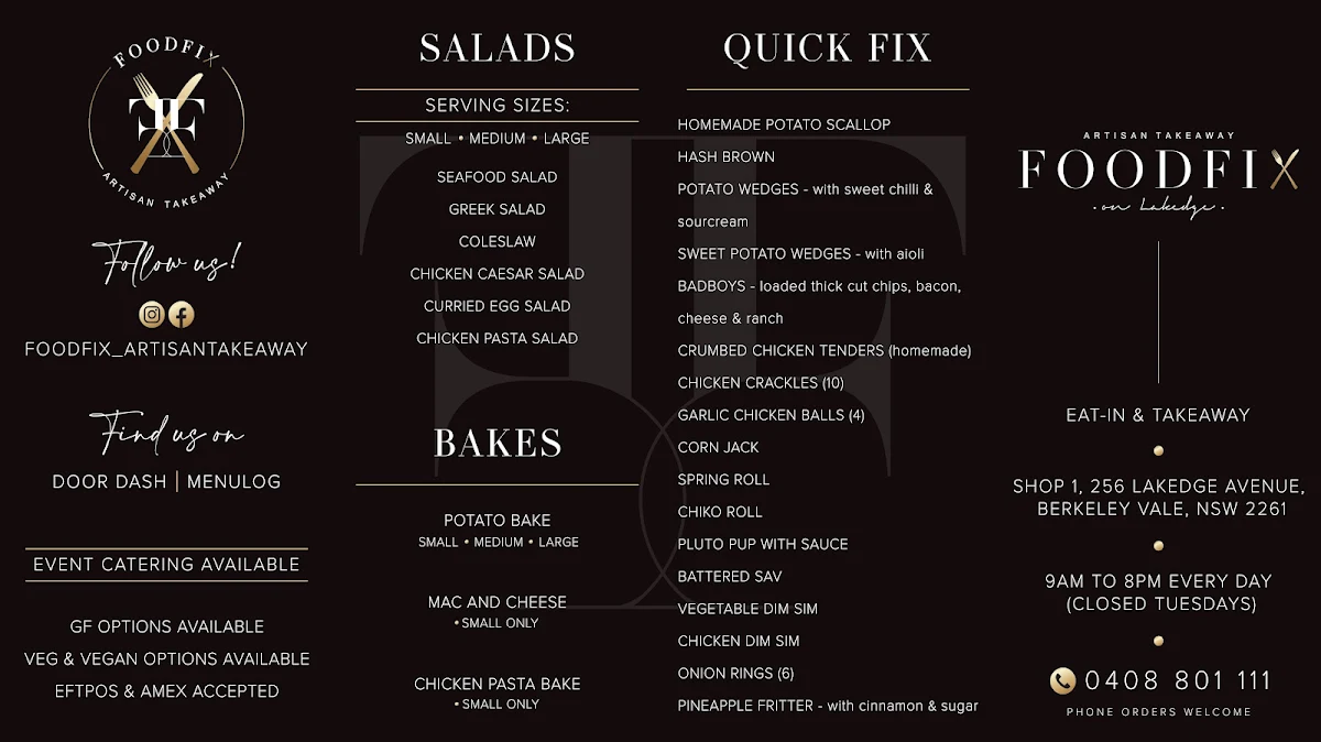 Menu, FOOD FIX on Lakedge ARTISAN Takeaway