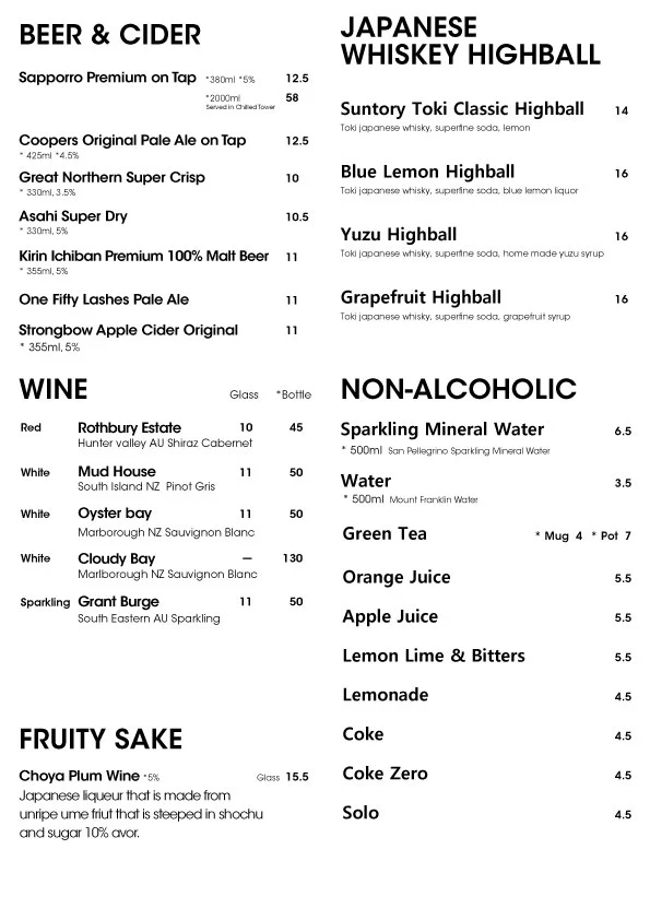 Menu, Kushi Yakitori Bar & Japanese Restaurant