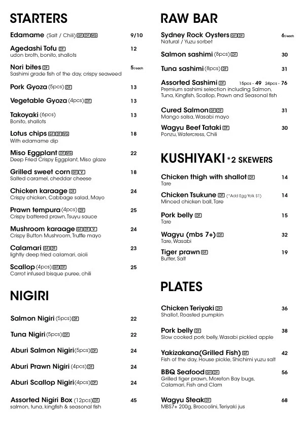 Menu, Kushi Yakitori Bar & Japanese Restaurant