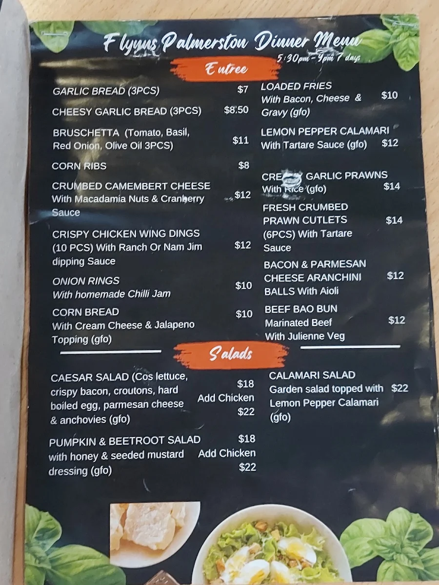 Menu, Flynns Palmerston