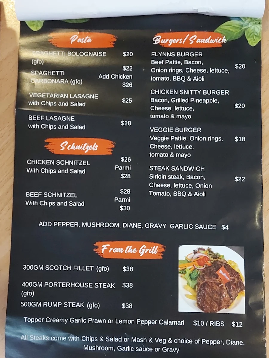 Menu, Flynns Palmerston