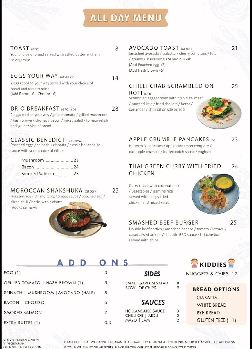 Menu, The Brio Coffee and Kitchen