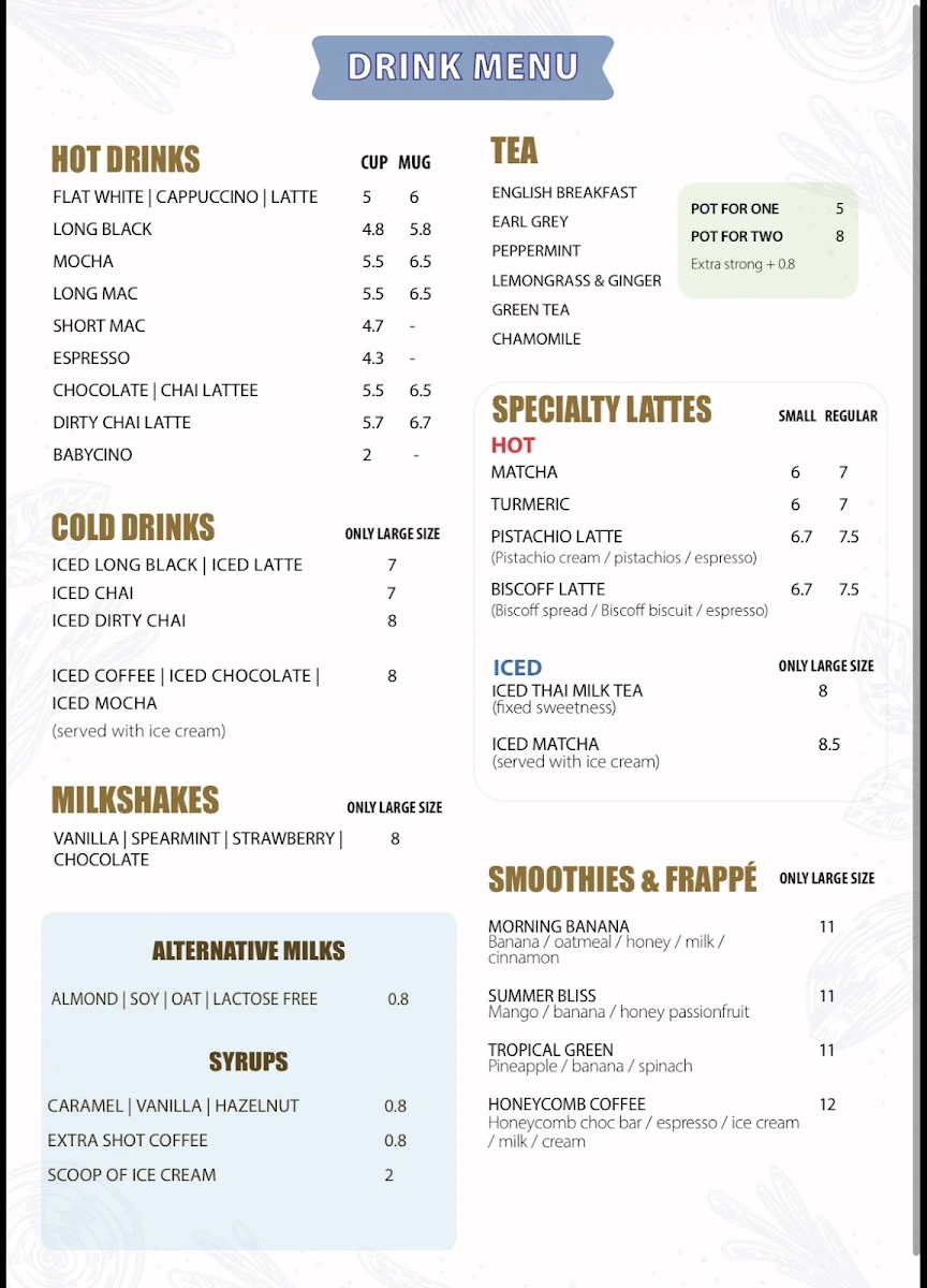 Menu, The Brio Coffee and Kitchen