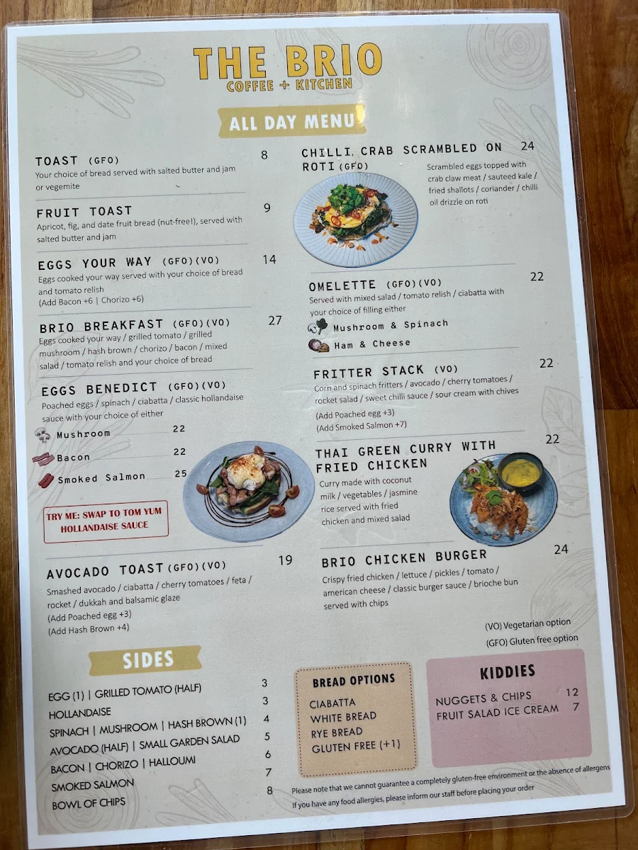 Menu, The Brio Coffee and Kitchen