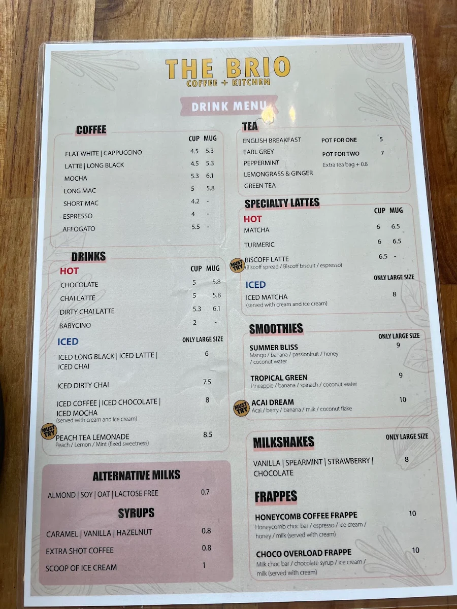 Menu, The Brio Coffee and Kitchen