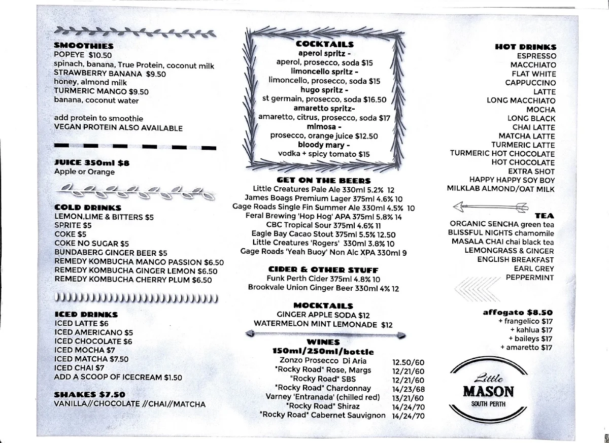 Menu, Little Mason South Perth