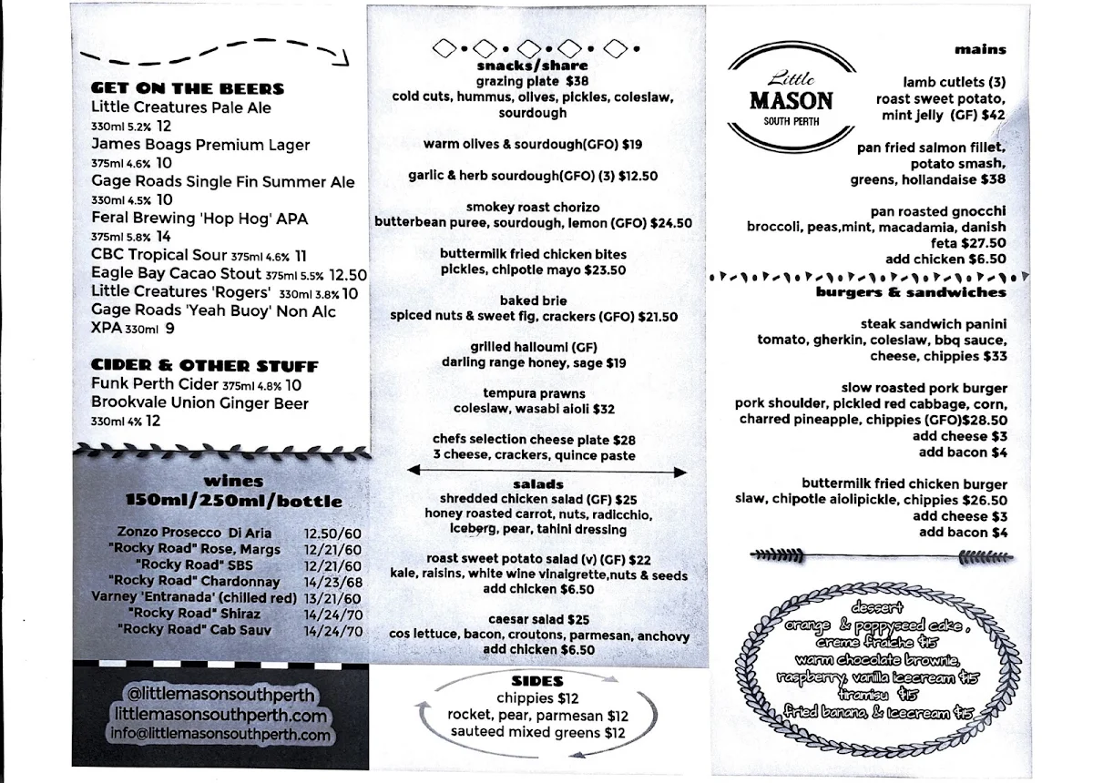 Menu, Little Mason South Perth