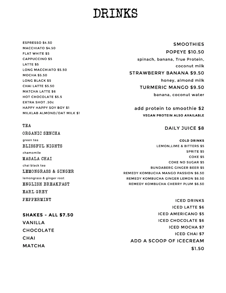 Menu, Little Mason South Perth