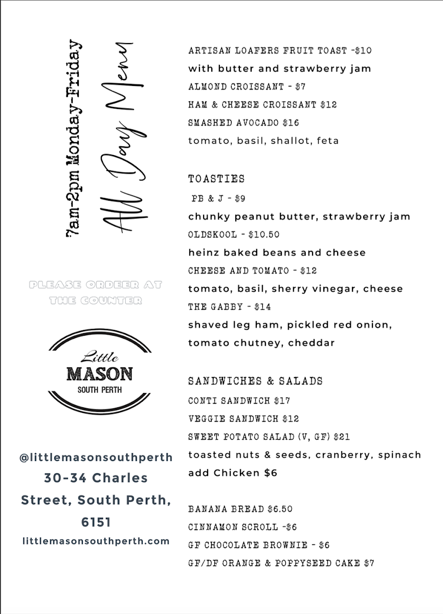 Menu, Little Mason South Perth