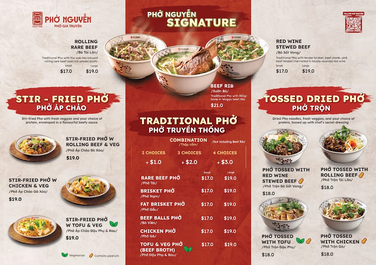 Menu, Phở Nguyễn WA